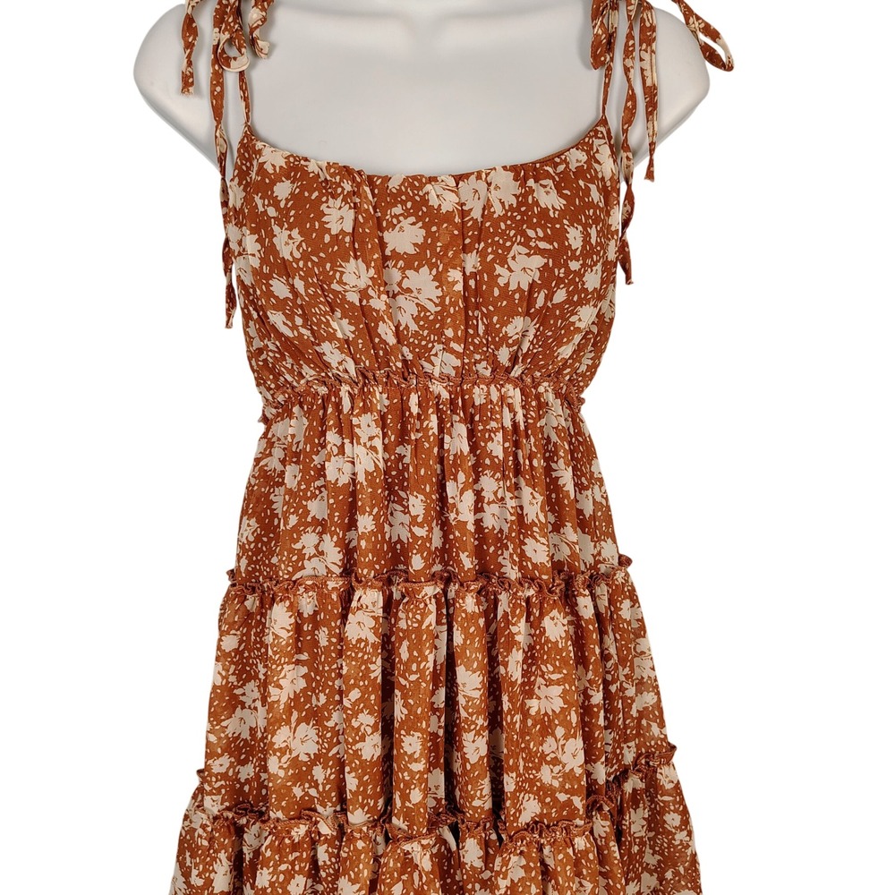 Blu Pepper Rust Orange Floral Tiered Mini Dress Smocked Back Tie Shoulder Small